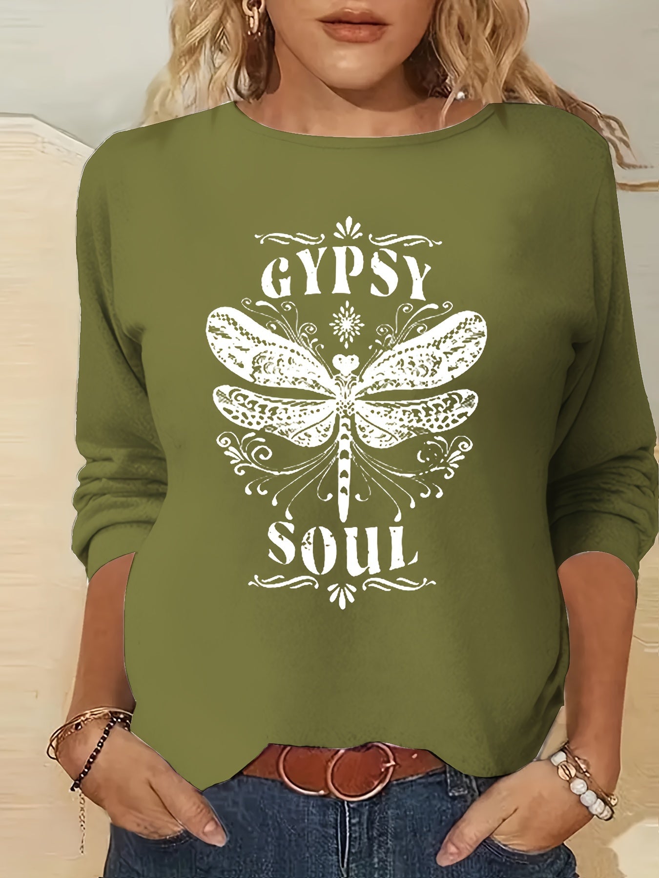Gypsy Soul Print Long Sleeve T-Shirt, Crew Neck Casual Top For Fall & Spring, Women's Clothing
