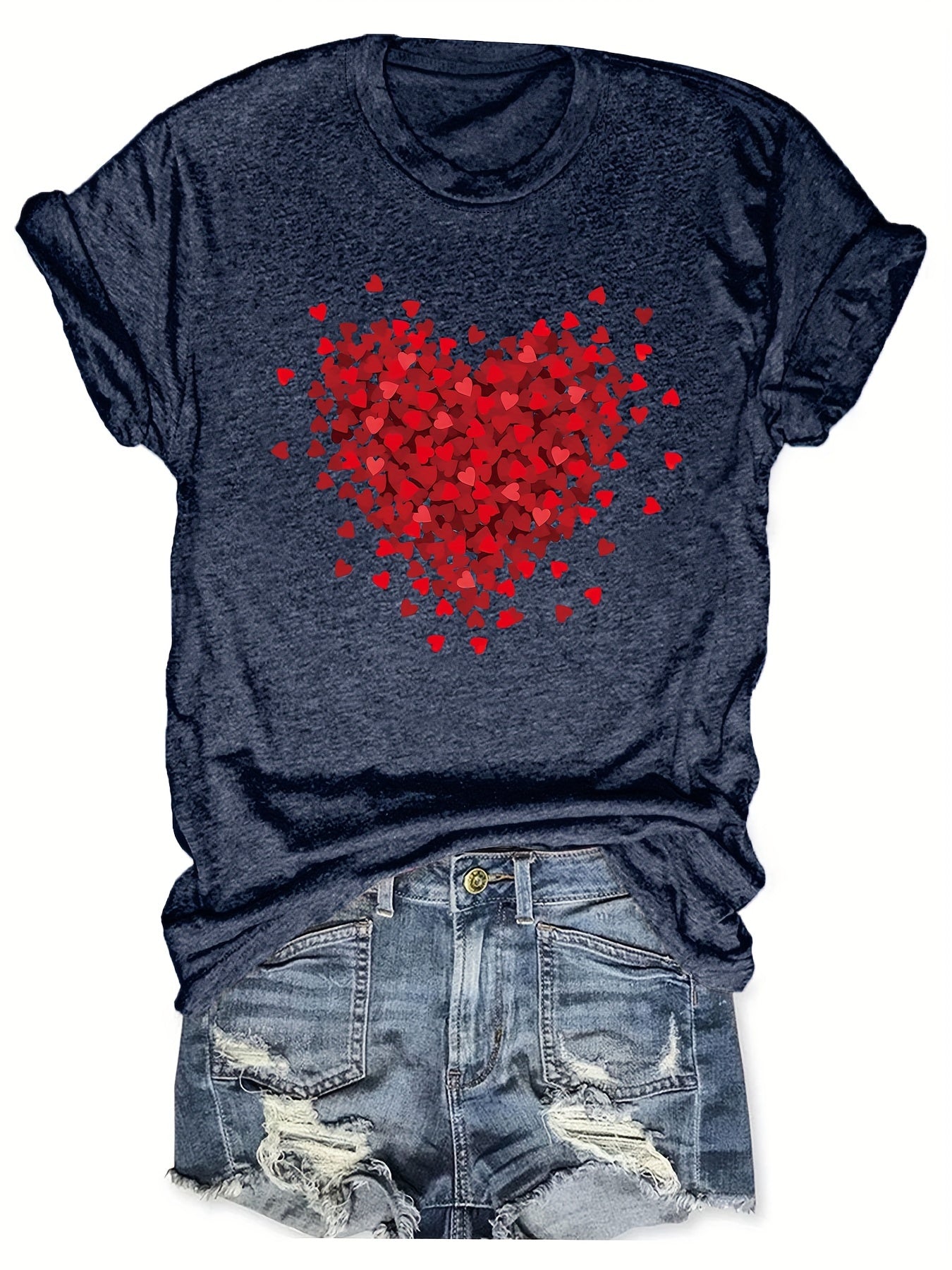 Valentine's Day Heart Print T-Shirt, Casual Crew Neck Short Sleeve Top For Spring & Summer, Women's Clothing
